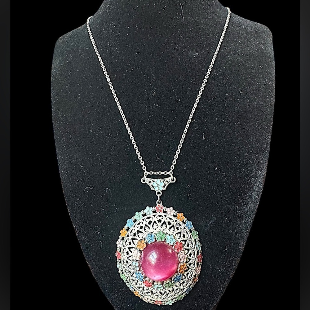 Vintage Multi Color Enamel Flower Glow Lucite Cabochon Open Filigree Necklace